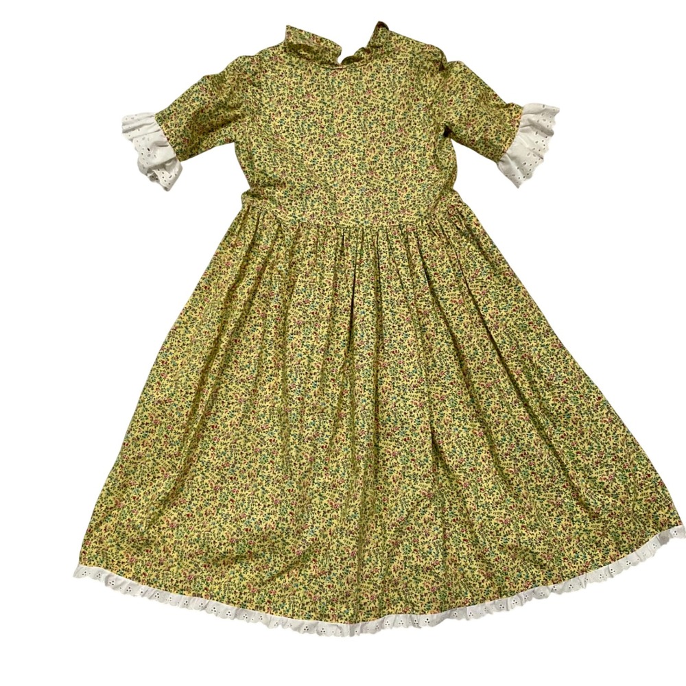 VTG Handmade Girls Yellow Floral Prairie Dress Eyelet Lace Trim Cottagecore Sz 6
